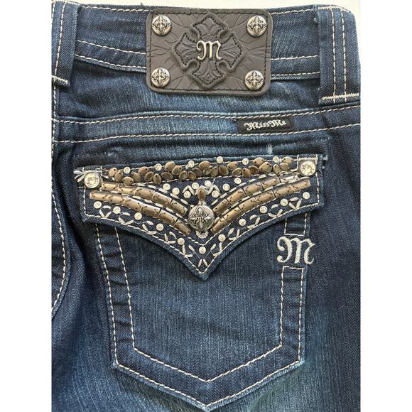 Miss Me Full Metal Boot Cut Jeans Blue Size 29 Embellished Flap Pocket LONG 36" - Picture 7 of 7